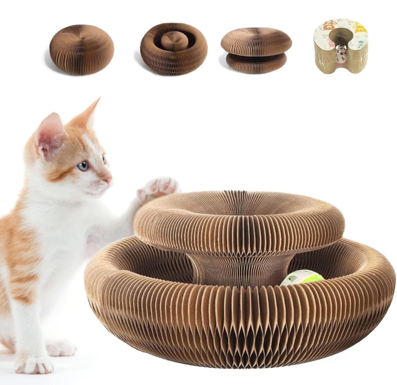 Cat Scratching Board, Magic Organ Cat Toy, Nteractive Scratch Pad, Indoor Foldable Recyclable Accordion Cardboard Kitten Toy with Ball, Scratch-Resistant and Abrasion-Resistant, Foldable