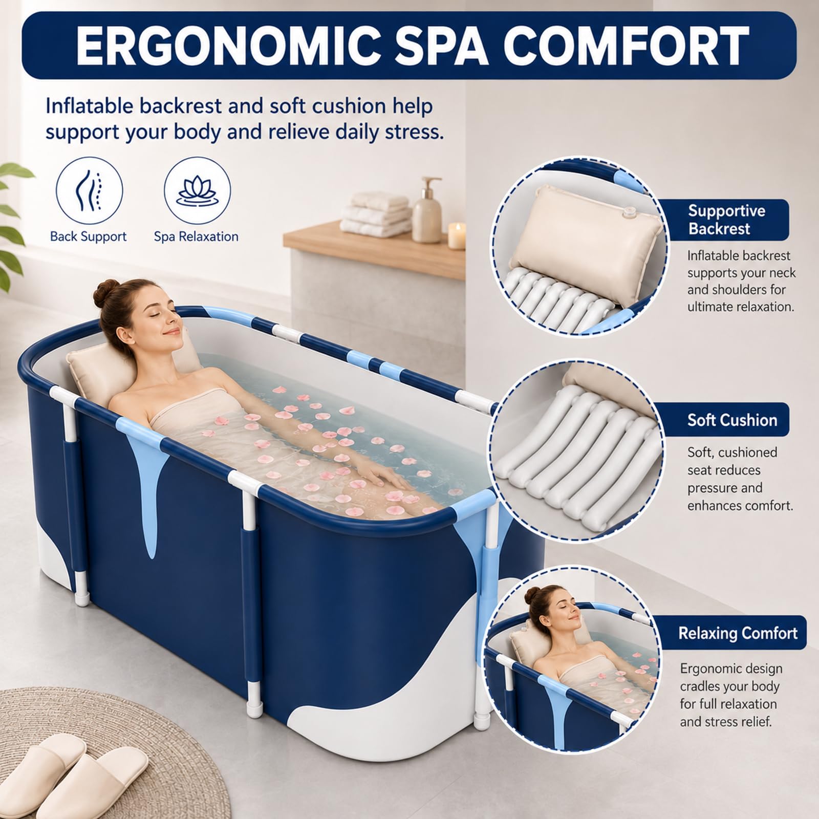 Faltbare Badewanne Erwachsene Komfort Größe 140cm Beinfreiheit Mobile Wanne Klappbar mit 6 Lagen Isolierung für Dusche inklusive Rückenlehne und Sitzkissen ideal für Home Spa und Eisbad Outdoor