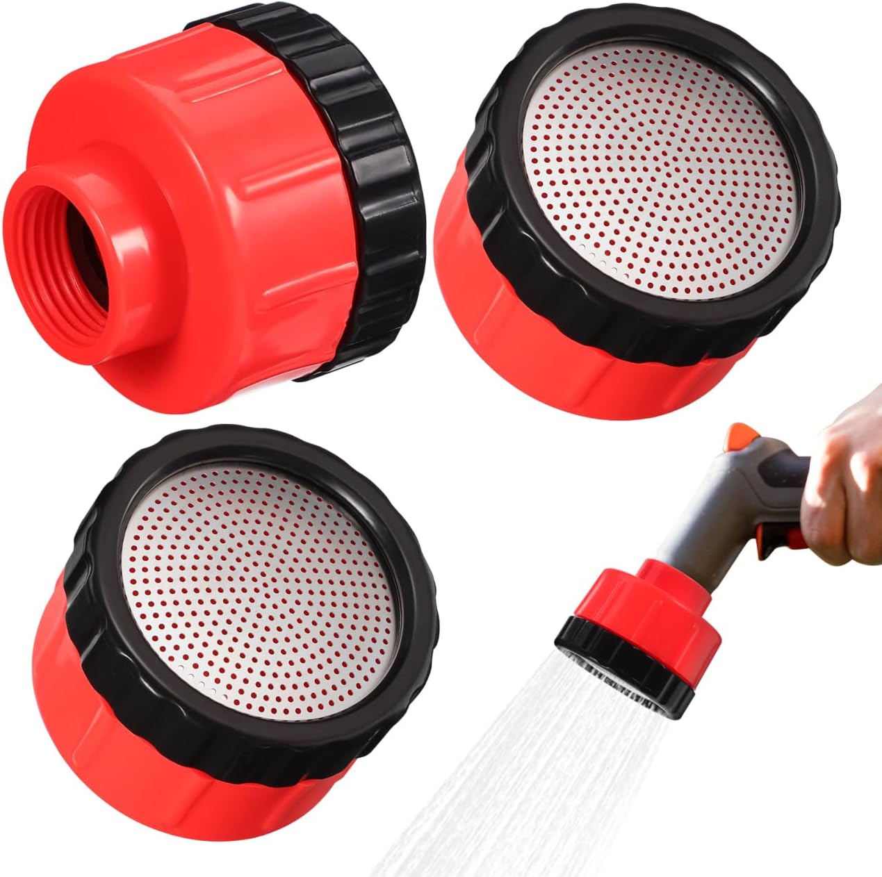 HANABASS 400 Mesh Hose End Sprayer Nozzle (3-Pack), Plastic Water Nozzles for Garden Hose, Soft Shower Head for Watering Delicate Seedlings, Flowers, Vegetables, Potted Plants, Red