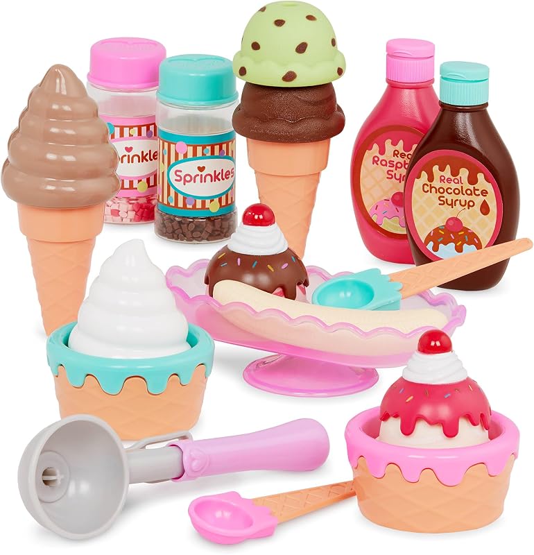 Battat Ice Cream Play Set, Sweet Treats Parlour, 21-Piece Toy Food Playset | Play Circle pretend play kitchen accessories with scoop, cones, cups, syrups, sprinkles, banana split dish, Playset, 3+ Years