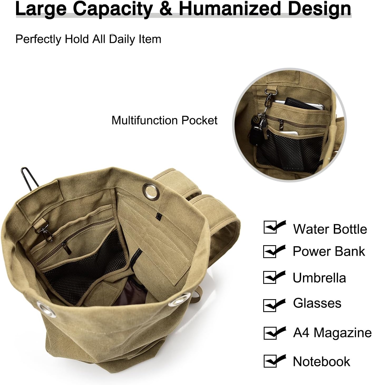 FANDARE Canvas Bucket Bag for Women Men Large Capacity Travel Backpack Retro Street Fashion Carryall Backpack Khaki A S