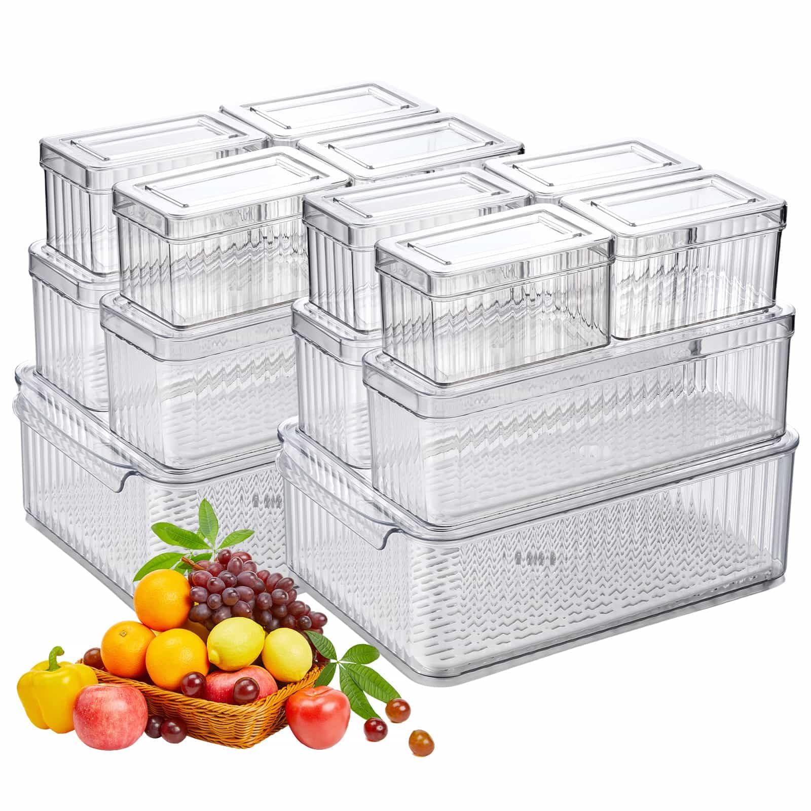Clear Fridge Organisers 14Pack Stackable Refrigerator Organizer Bins with Lids & Drain Trays Fridge Storage Containers Food Storage Boxes for Vegetable Fruit Egg Meat - Pantry Cabinet Organization