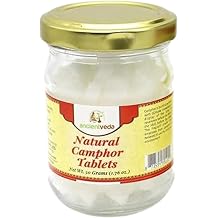 ANCIENT VEDA Natural Camphor Tablets in Glass Jar Bottle Premium Quality Refined 100% Natural for Aromatherapy, Odor Eliminator, Puja, Alcanfor 50 Gram