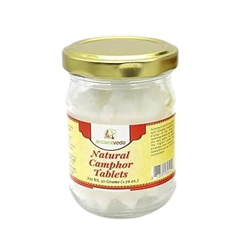 ANCIENT VEDA Natural Camphor Tablets in Glass Jar Bottle Premium Quality Refined 100% Natural for Aromatherapy, Odor Eliminator, Puja, Alcanfor 50 Gram