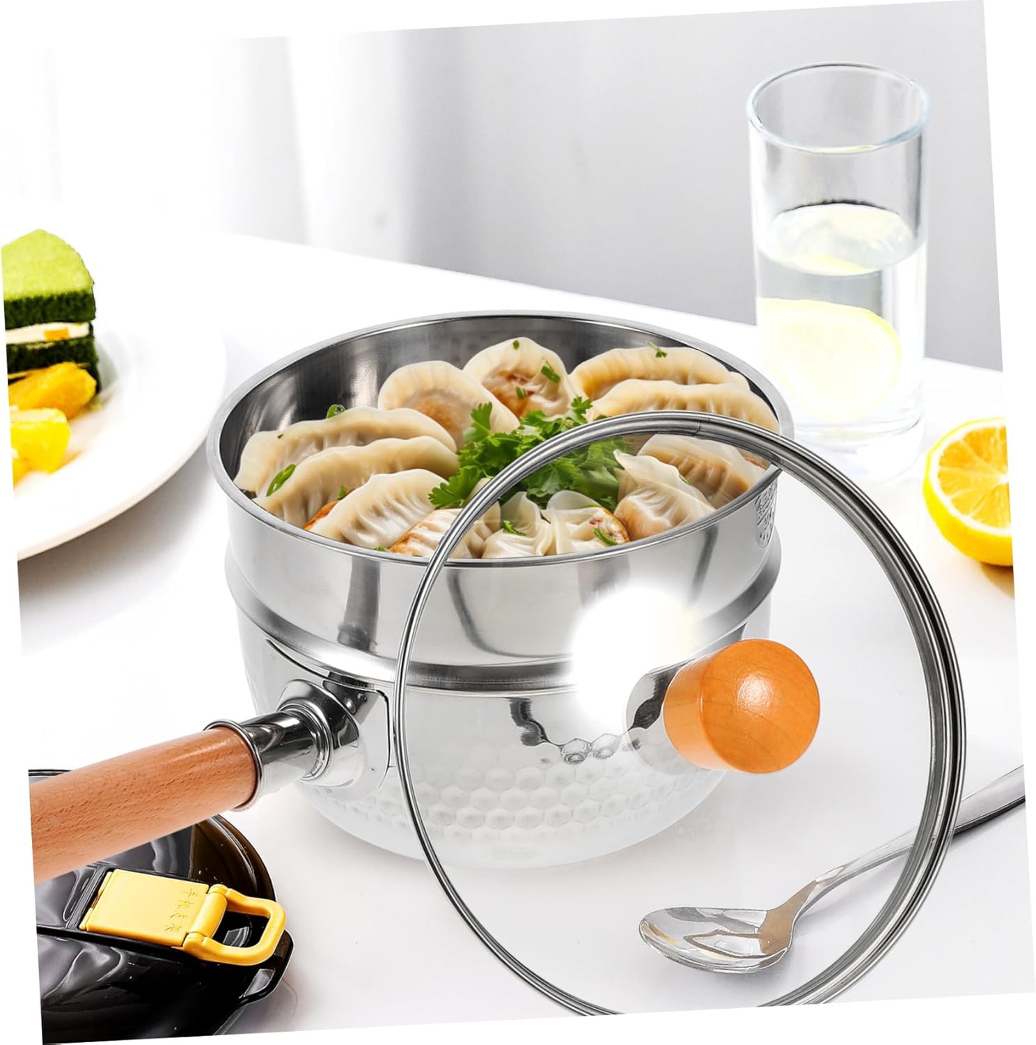 Milk Pot Lid Stainless Steel Saucepan Enamel Pan Cooking Pots Enamel Saucepan Steamer Basket Non-stick Coating Random Style