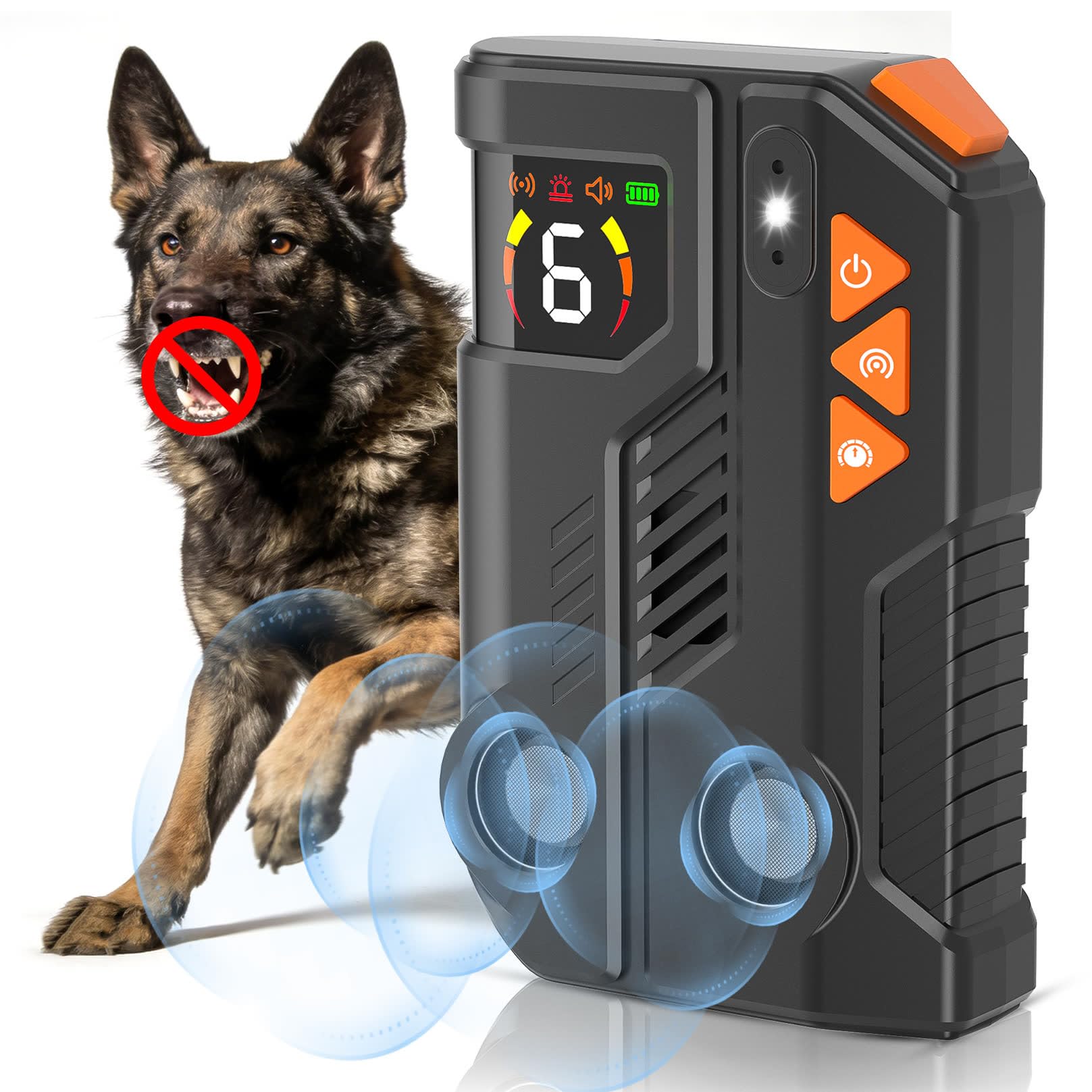 Anti Bell Gerät Hunde Antibell Ultraschall Gerät mit AI-Erkennung, Hundeabwehr Ultraschall 2 Sender, Hunde Bellen Stoppen Innen & Außen, 6 Empfindlichkeit und 3 Intensität, IPX6 Wiederaufladbar
