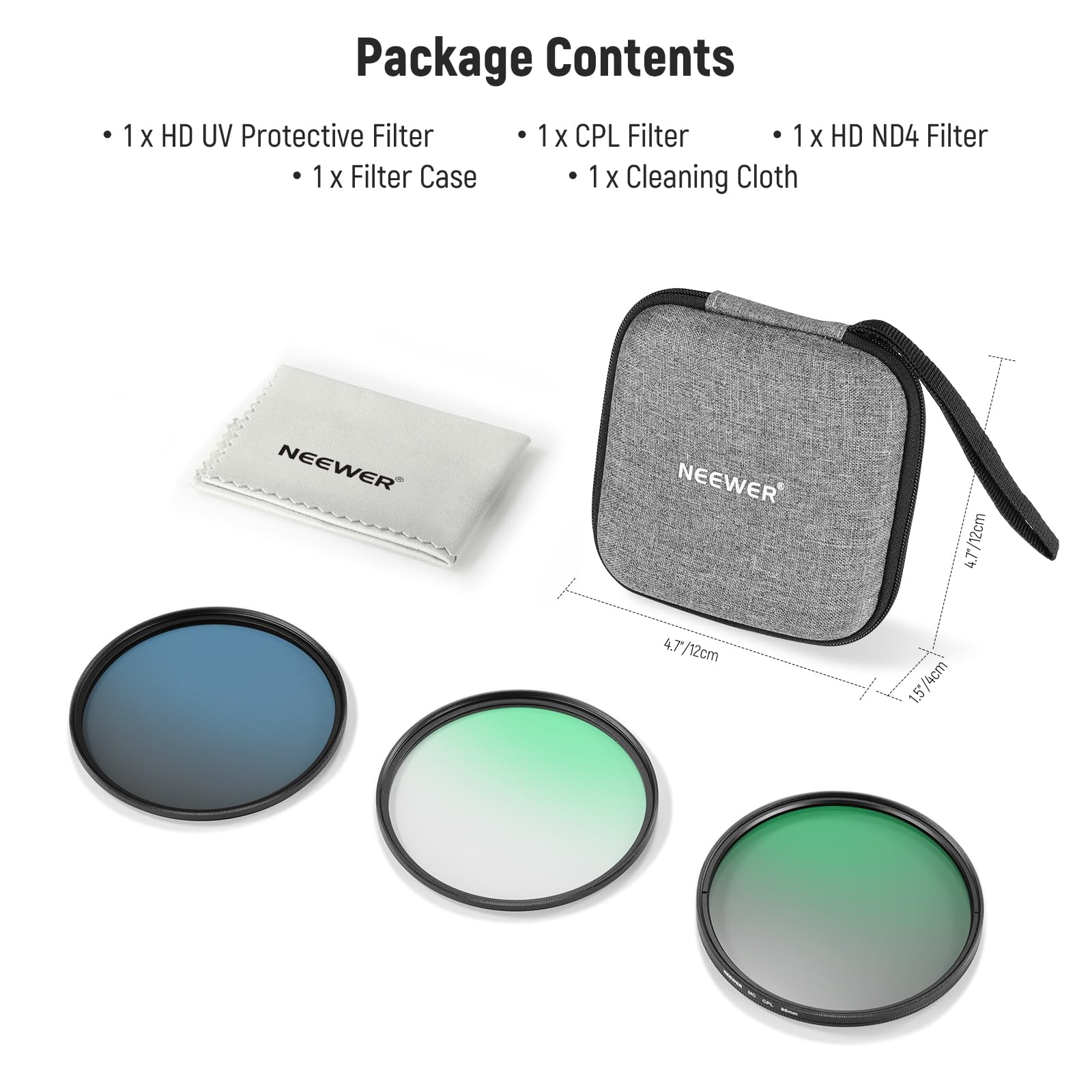 NEEWER Zestaw filtrów UV CPL ND 95 mm z twardą obudową do przechowywania, wielowarstwowe szkło optyczne i rama ze stopu aluminium, polaryzacja kołowa UV (CPL) + filtr o neutralnej gęstości (ND4) do