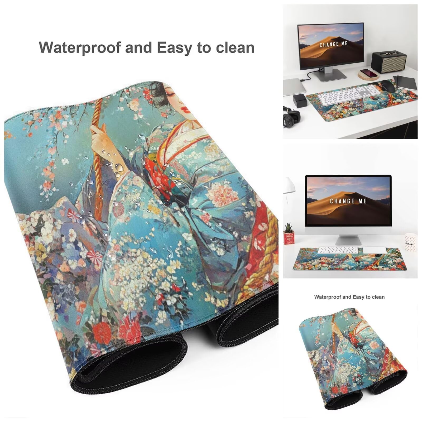 Alfombrilla Ratón Mujer Japonesa Alfombrilla Ratón XXL 1600 x 800 mm, Flor Mouse Pad Gaming con Bordes Cosidos, Base de Goma Antideslizante Duradera, Mouse Pad para Oficina Accesorios Escritorio Q880