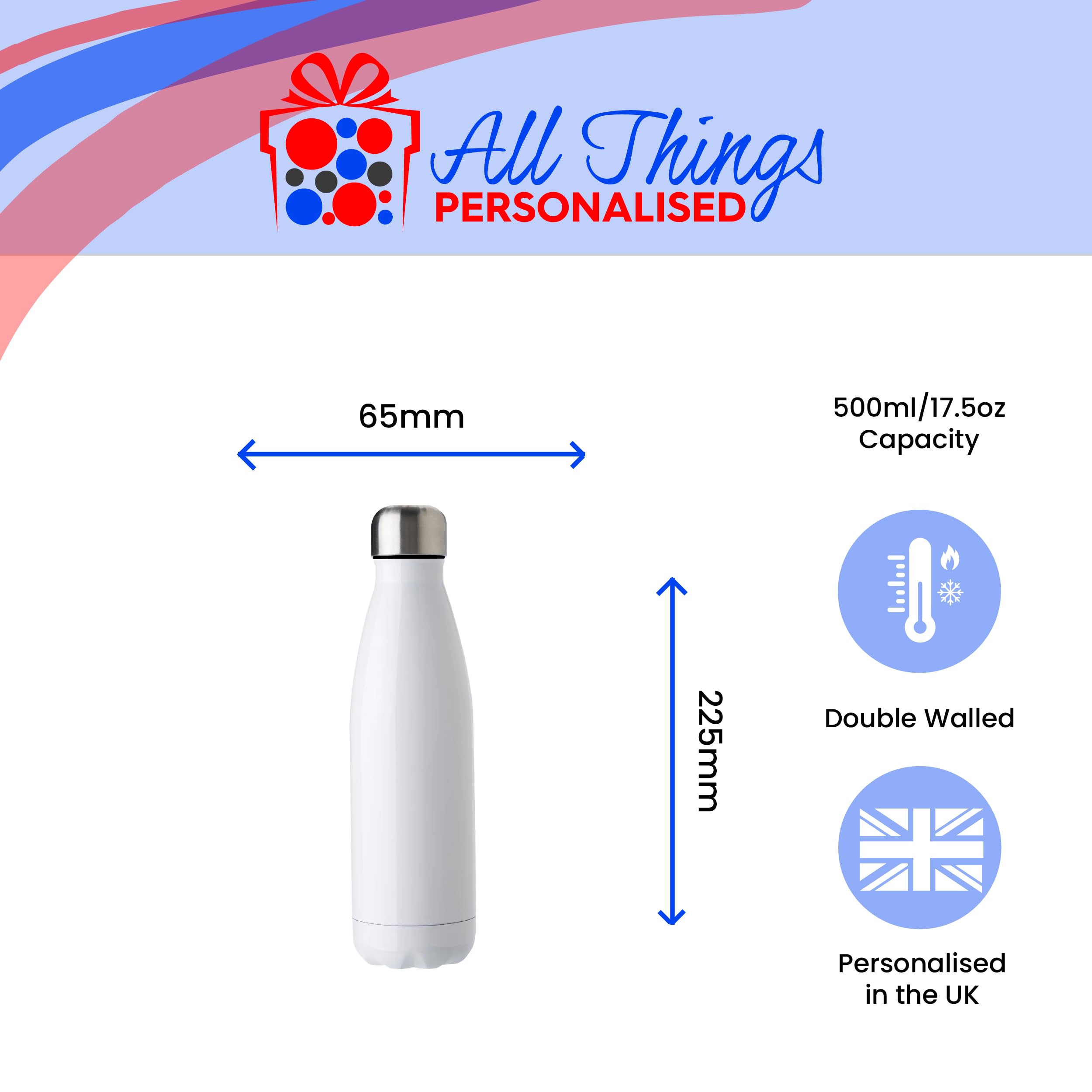 Personalisierte Wasserflasche 500 ml, benutzerdefinierter Name und Nummer, Sportflasche mit Auswahl der Teamfarbe Aquarell-Design, Edelstahl-Trinkflasche, Geschenkbox inklusive, personalisiertes