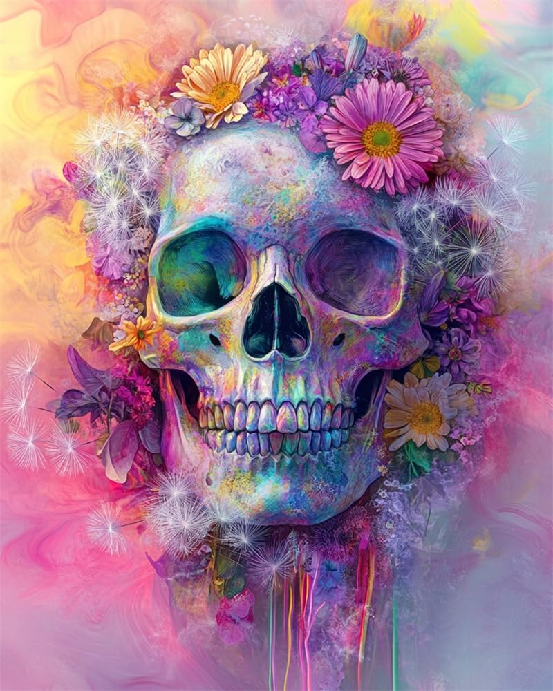 Henypt Advanced 11Ct Embroidery Skull and Flowers Cross Stich Kit Adults Beginners,Stamped Cross Stitch Kits,Christmas,Birthday Gifts Needlework Kit