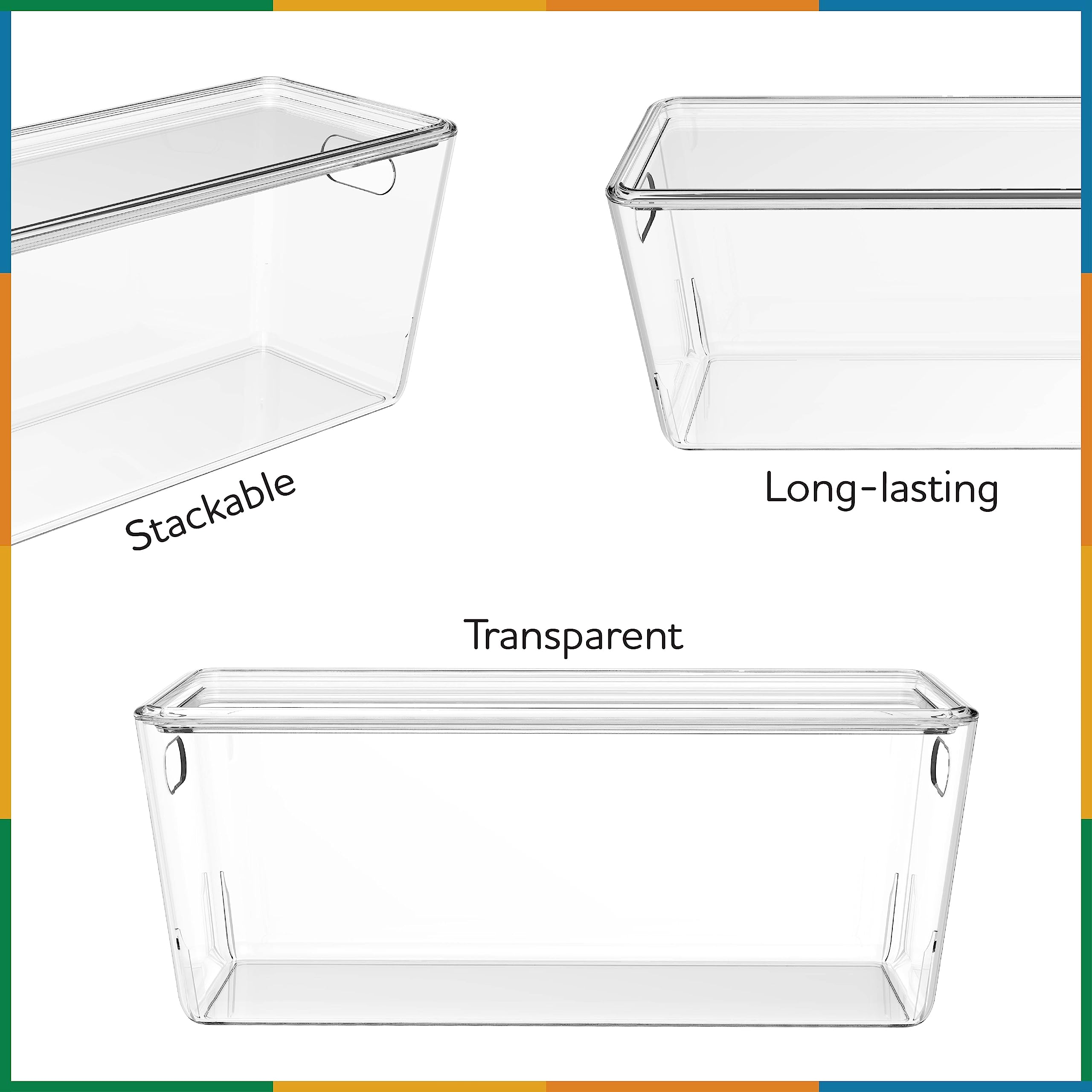KOLORR Transparent Baskets for Storage with Lid Narrow-5Liter | Multipurpose Clear Container | Rectangle Organiser Plastic Box with Handle for wardrobe clothe Makeup closet Stationary| Pack of 2 3