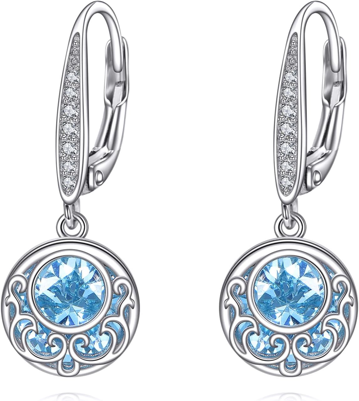 URONE Aquamarine Earrings 925 Sterling Silver Filigree Earring Dangle Leverback Earring Aquamarine Jewelry Gifts for Women