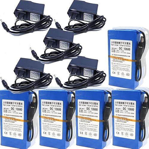 Paquete de 5 baterías DC12680 6800mAh 12V con cargador de batería recargable para alimentar dispositivos del sistema como Bluetooth CCTV cámara tira