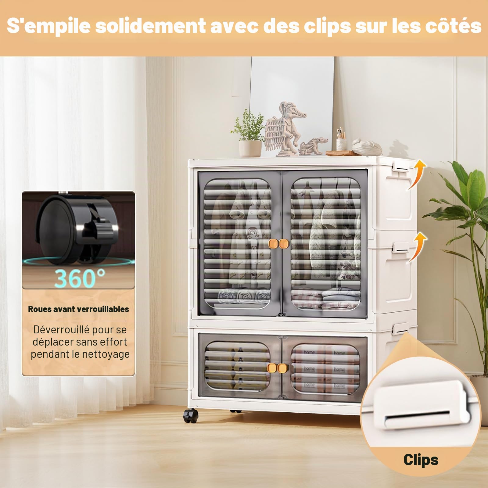 Armoire portable à double portes - Armoire pliante avec roulettes - Boîtes empilables - En plastique - Avec 1 suspension + 1 rangement - 60 x 35 x 79 cm - Blanc
