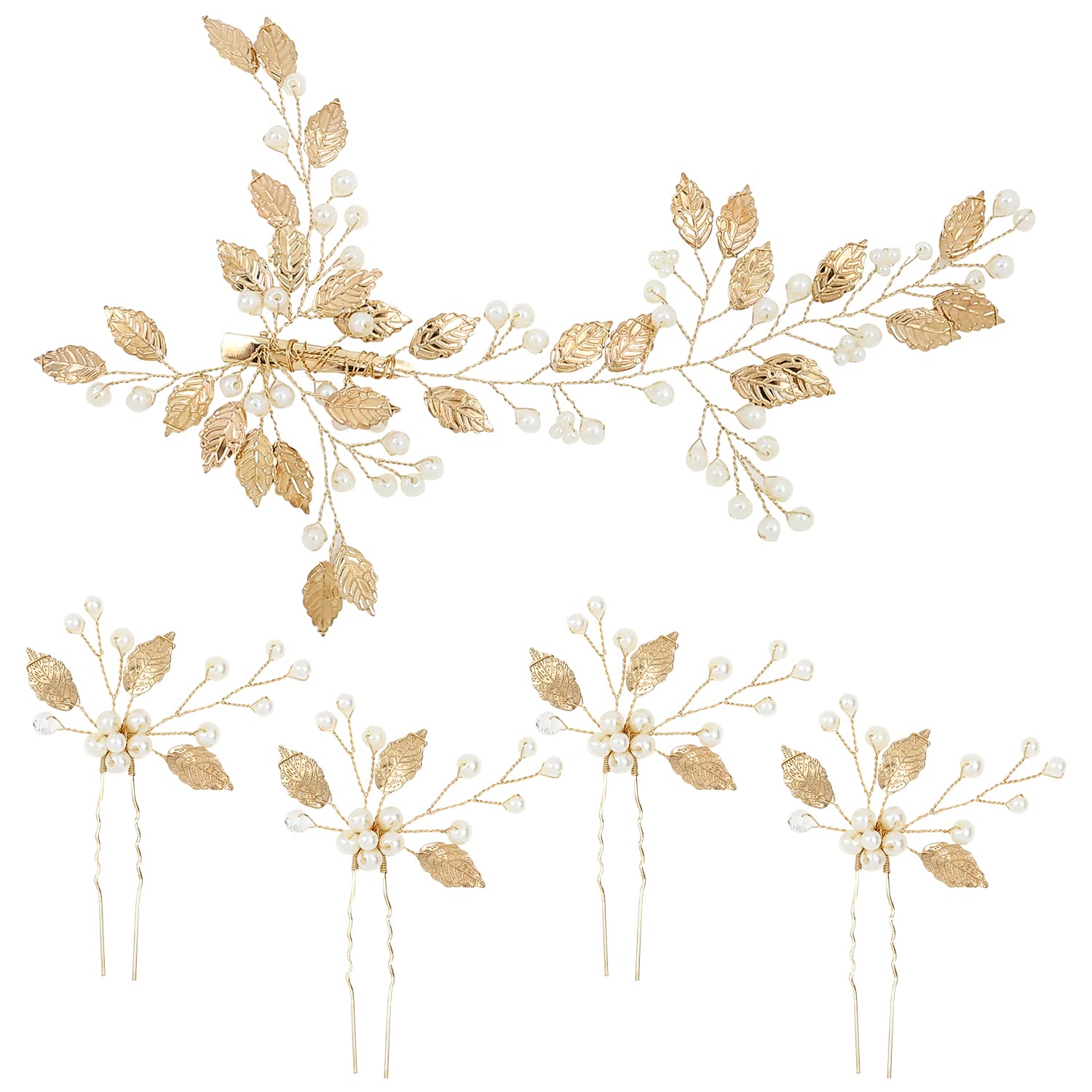 inSowni 5 Pack Gold Pearl Leaf Hair Pins Wedding Bridal Leaves Hair Clips Barrettes Bobby Pins Bride Bridesmaids Prom Formal Headpieces Bun Updo Hair Accessories for Women Girls