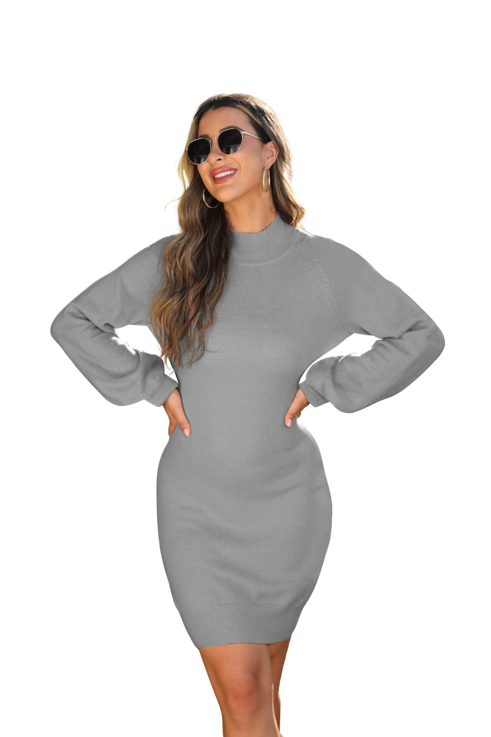 GRECERELLE Robe pull d'hiver moulante à manches longues et col montant pour femme