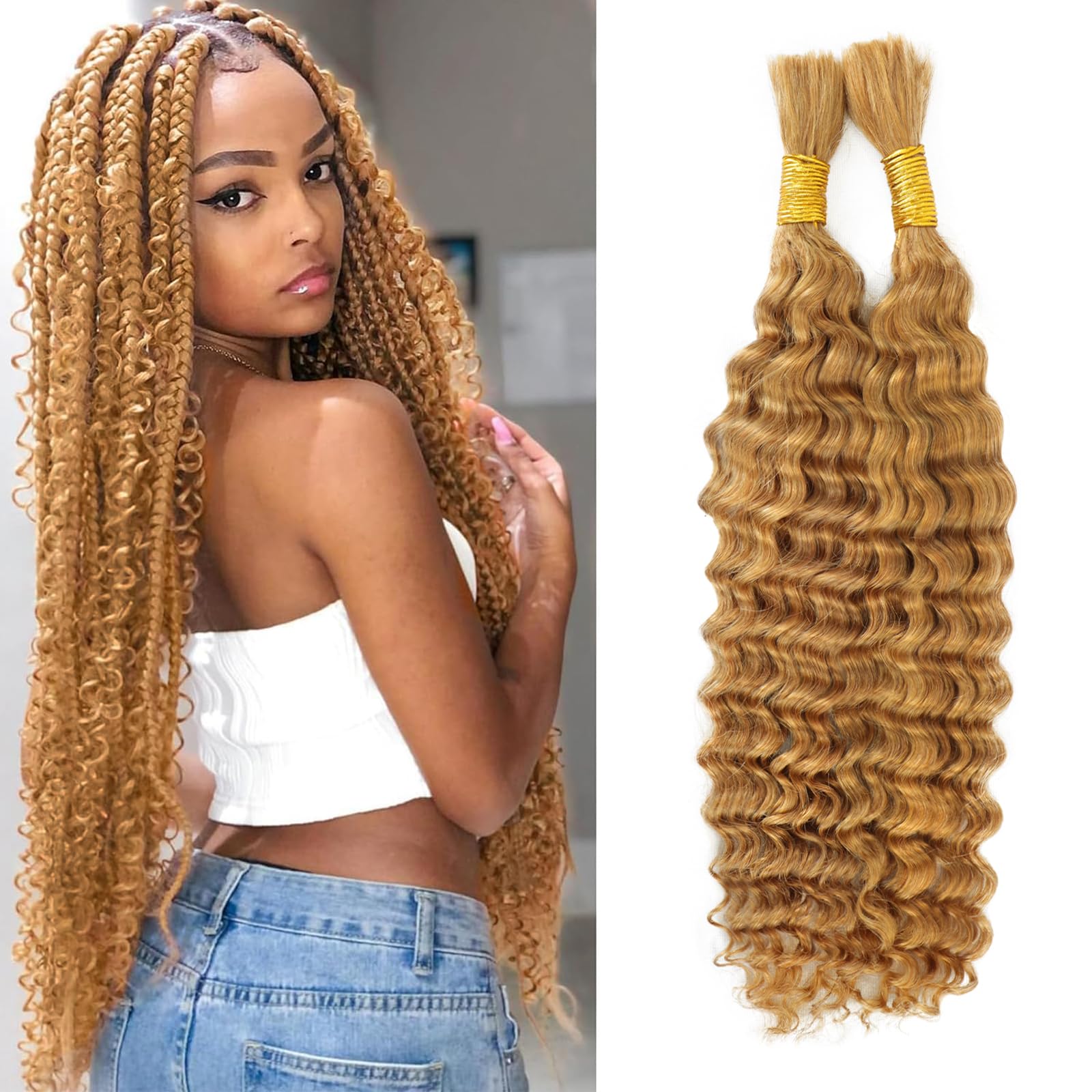 Honey Blonde Human Braiding Hair for Boho Braids Deep Wave Bulk Human Braiding Hair 100g 26 Inch 2 Bundles/Pack No Weft Color 27# 100% Brazilian Human