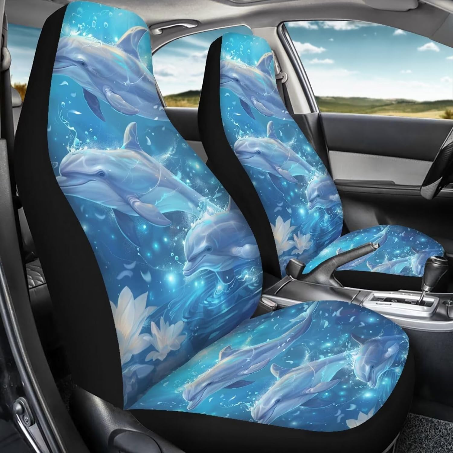 DISNIMO Ocean Dolphin Car Seat Covers Set of 2 Blue Vehicle Seat Protector Car Mat Covers, Fit Most Vehicle, Cars, Sedan, Truck, SUV, Van
