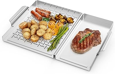 Onlyfire BBQ Grill Pan and Griddle Set, Stainless Steel BBQ Grill Tray Grill Basket with Handle for Outdoor Grills, Professional Grill Cookware Grill Accessories for Grilling Veggies, Meat & Seafood