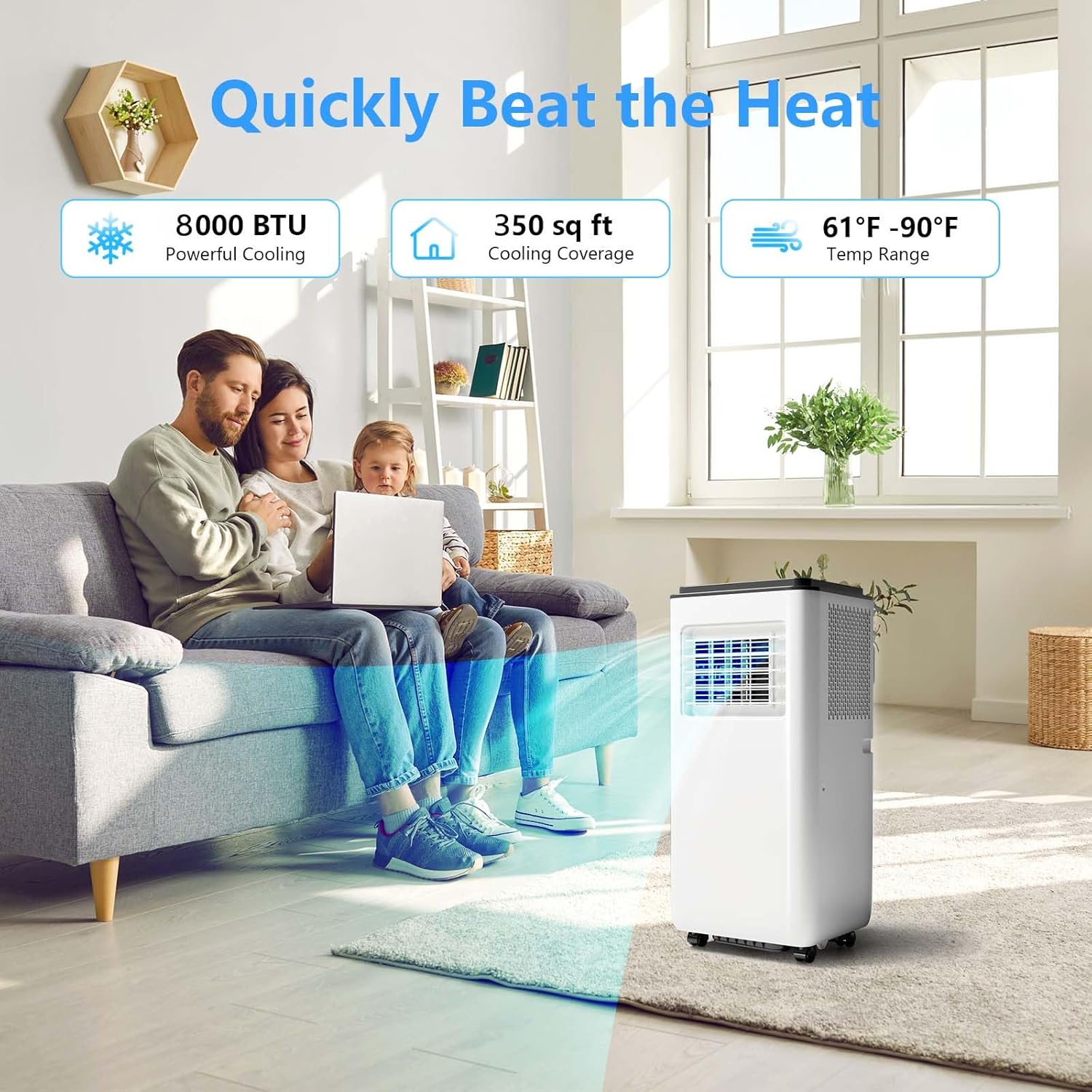 Family relaxing in a living room with the portable air conditioner, illustrating 8000 BTU cooling, 350 sq ft coverage, and 61-90°F temperature range.