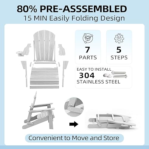 Miniatura 6 de Sillas plegables Adirondack con soporte para tazas, sillas de patio, textura de madera, HIPS, silla para fogata al aire libre para césped, porche,