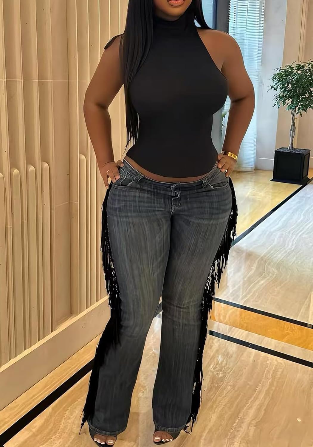 Women's High Waisted Fringe Jeans Casual Stretchy Side Tassels Bootcut Denim Pants Trousers Y2K Streetwear