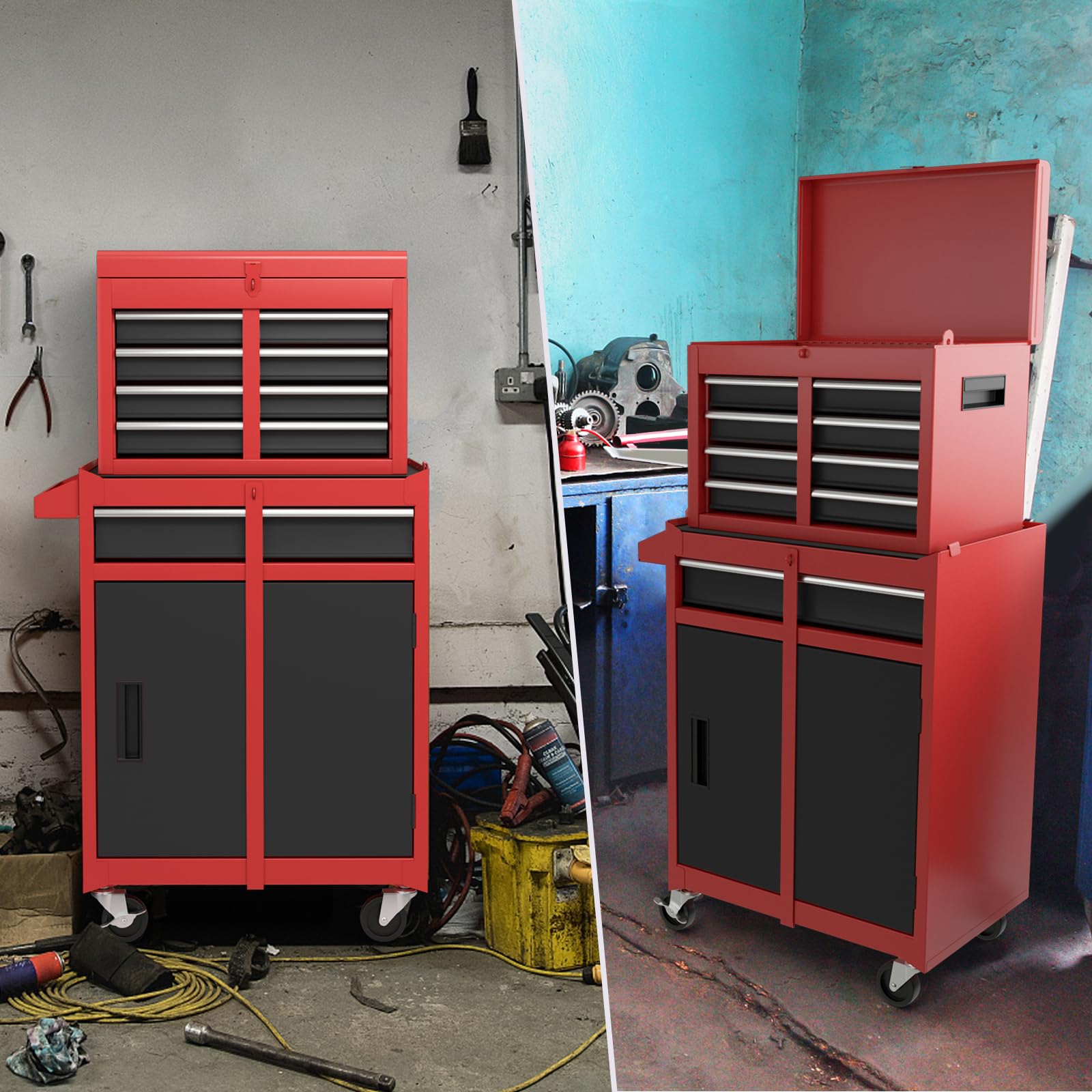 COSTWAY Cassettiera Portautensili a 4 Cassetti, Carrello per Attrezzi con Ruote Bloccabili Ripiano Regolabile e Rivestimento Antiscivolo, 59 x 28 x 102 cm (Nero + Rosso)