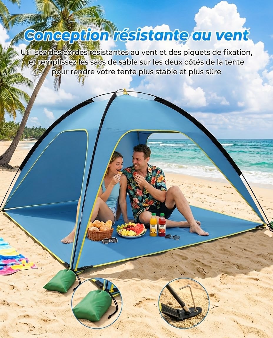 MYMULIKE Tente de plage UV50+ protection solaire, 210 x 210 x 130 cm, pour 4 à 6 personnes, polyester 190T avec barres en fibre de verre de 8 mm, portable, avec sacs de sable/piquets pour plage