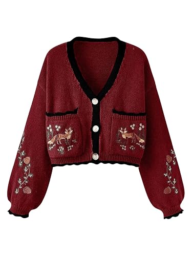 BEAUDRM Women's Fall Cropped Cardigans Cottage Core Button Up Boho Sweater | Floral Fox Embroidered, Cute Button Down Sweaters, Whimsical Clothes, Christmas Cardigans - Large - Red
