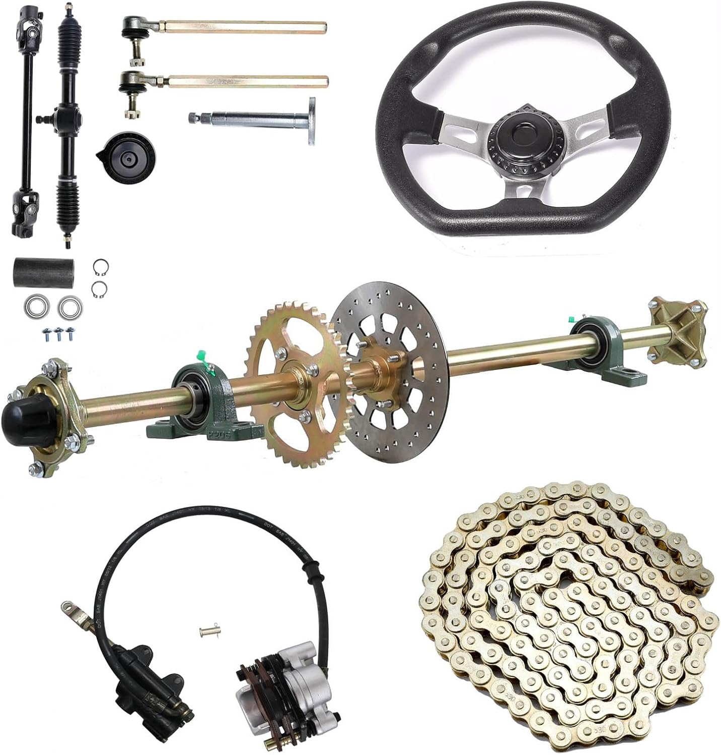 44" ATV Go Kart Rear Live Axle Kit + Front Steering Wheel Gear Rack Pinion Shaft Assembly Tie Rod+ Brake Caliper + Sprocket for DIY Go Cart Quad Buggy Drift Trike