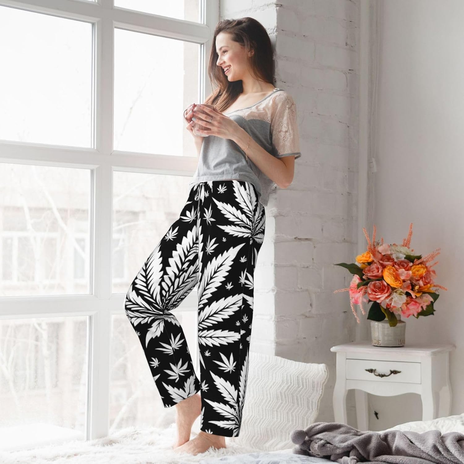 Women'S Vintage-White-Weed Fleece Pajama Pants, Cozy Flannel Lounge Bottoms For Women
