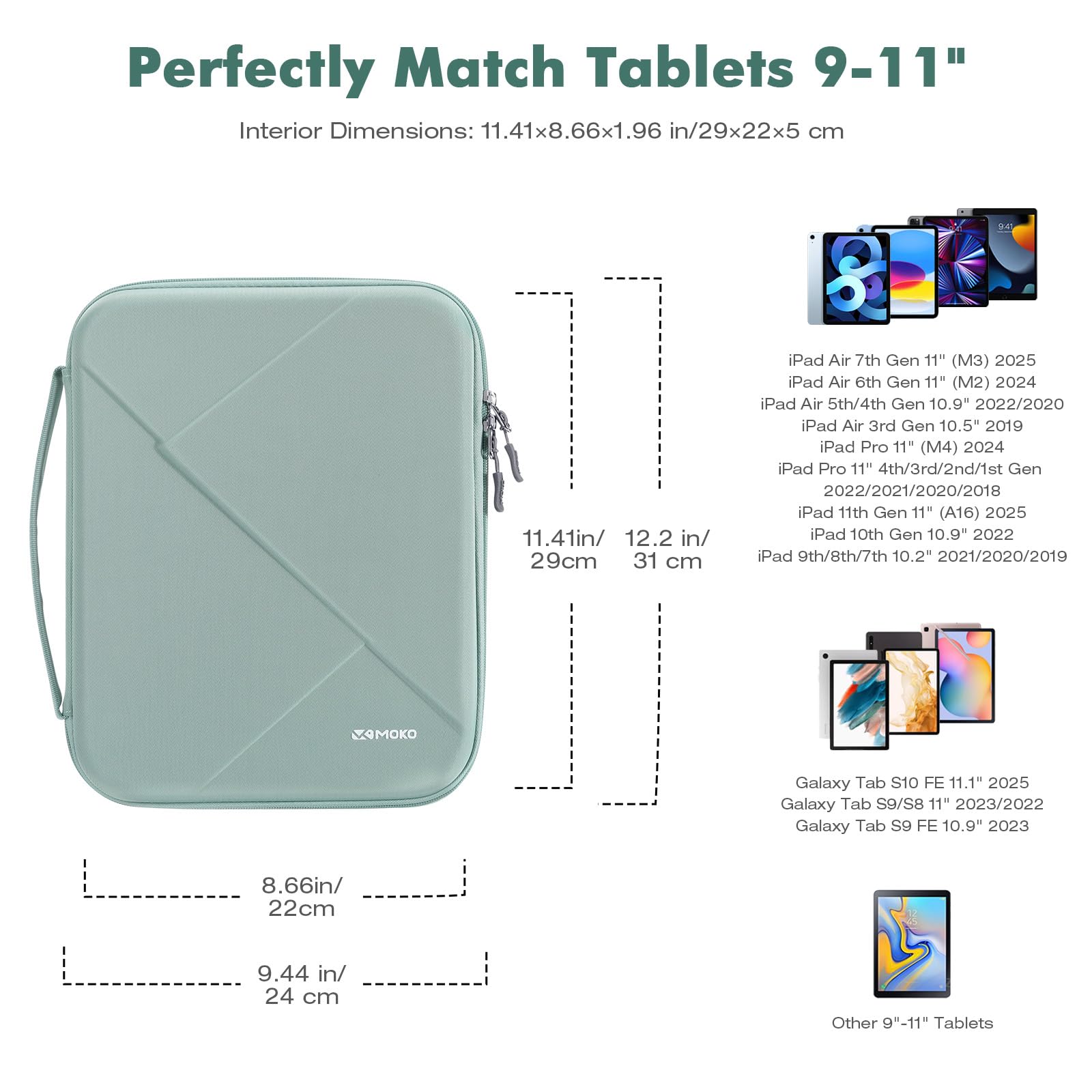 MoKo 9-11 pollici Tablet Sleeve Borsa per il nuovo 11" iPad Air M3, iPad A16 2025, Pro M4, Air 5/4/3 10,9 "/10,5", iPadPro 11 M2, 10./9/8 10,9/10,2, Tab S8/S9 11", duro EVA iPad Borsa, Bodhi Verde