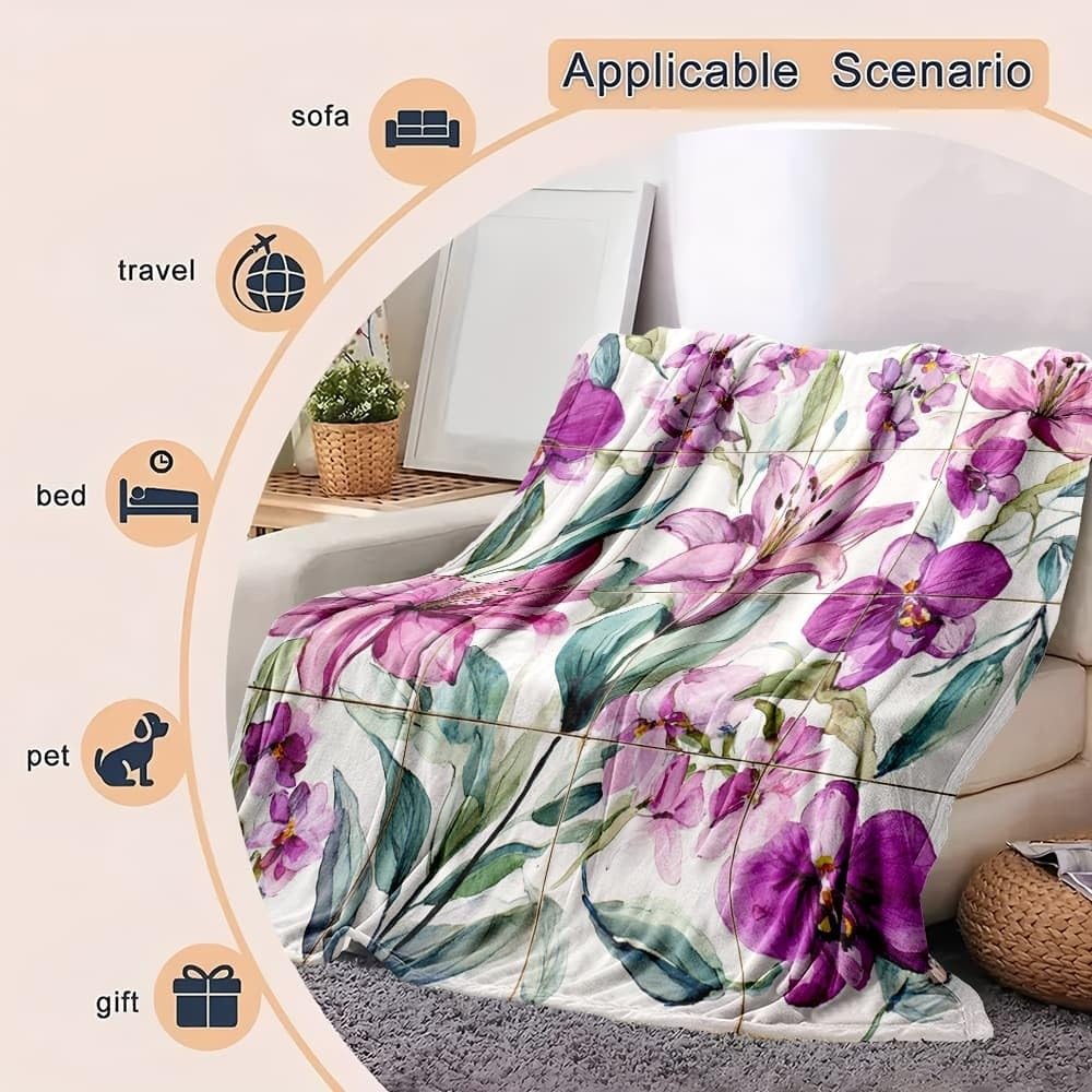 Personalisierte Decke mit Foto 150x200 cm Sherpa Decke Aquarellmalerei Von Blumen Und Lilien Warme Dicke Kuscheldecke Flauschig Lila Sofadecke Couchdecke Winterdecke, Wohndecke Wohn- & Kuscheldecken