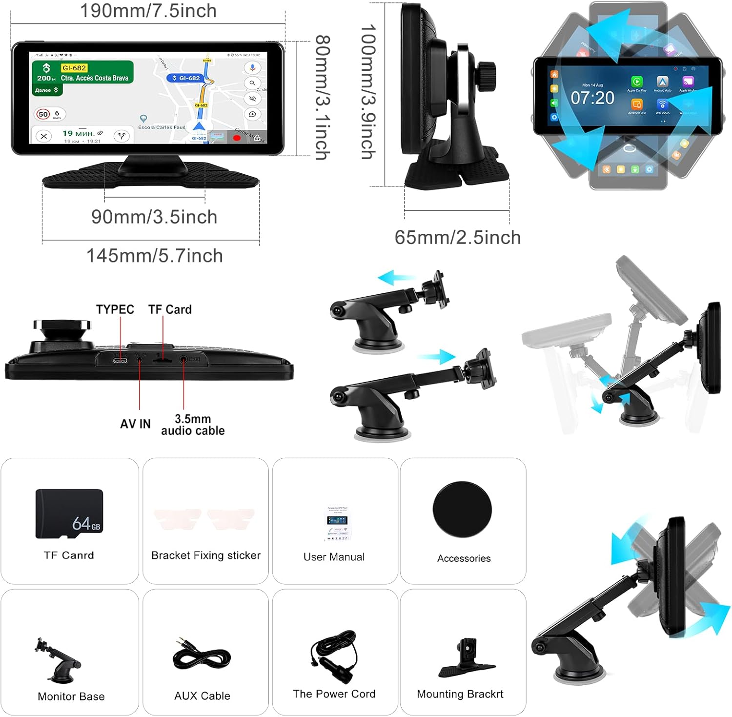 Diagram showing the dimensions of the CAMECHO portable car screen and its included accessories like TF card, AUX cable, power cord, and mounting brackets.
