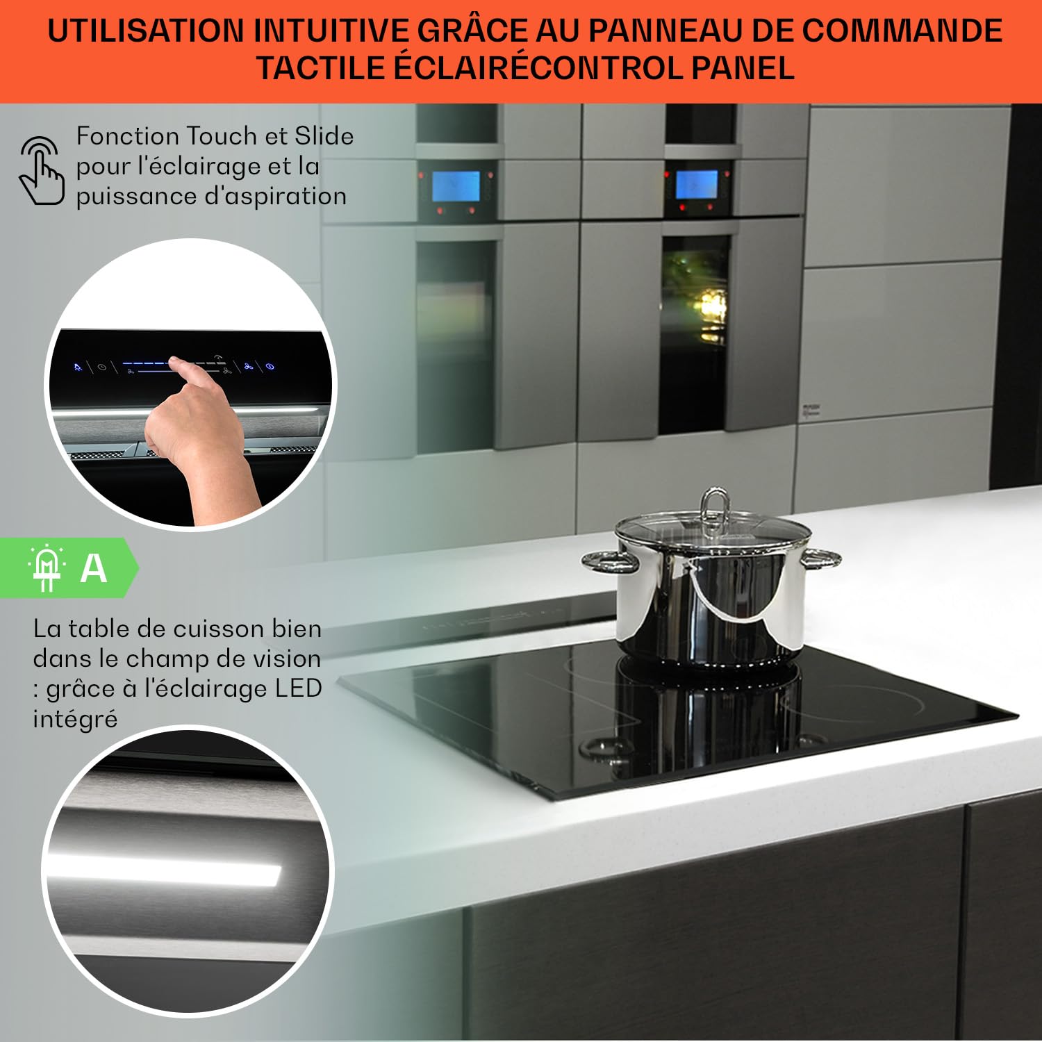 Klarstein Royal Flush Eco Hotte Aspirante 60cm - Cee A++, 604 M³/H, Faible Niveau Sonore 51 dB, Touch-To-Slide, Éclairage Led, Acier Inoxydable & Verre, Hotte Encastrable Plan De Travail