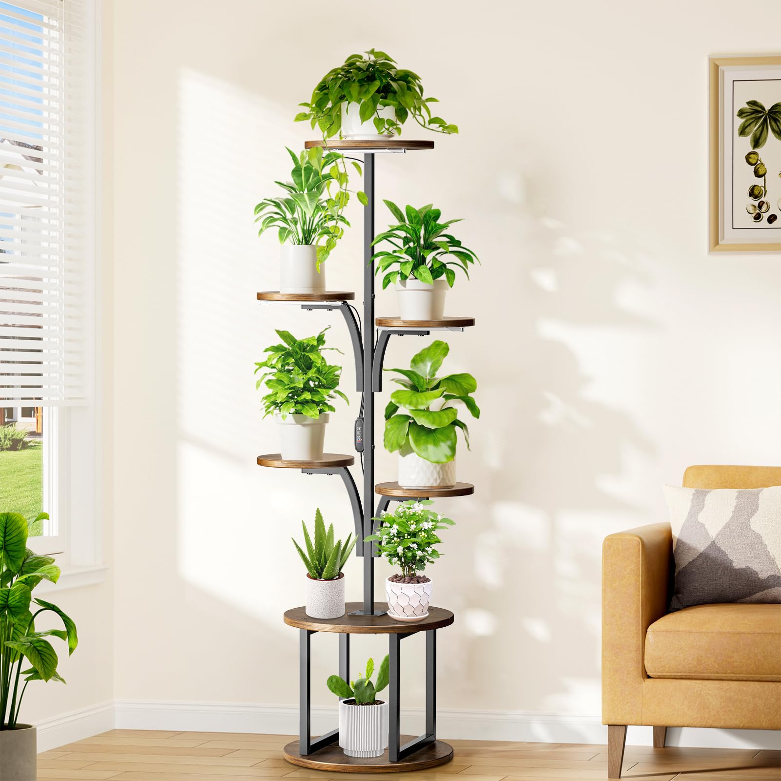 Scaffale per Piante con Luci di Crescita a Spettro Completo, 7 Livelli Torre Portafiori 148 cm in Metallo e Legno, Mensole per Piante da Interno ed Esterno con Timer e Presa UE