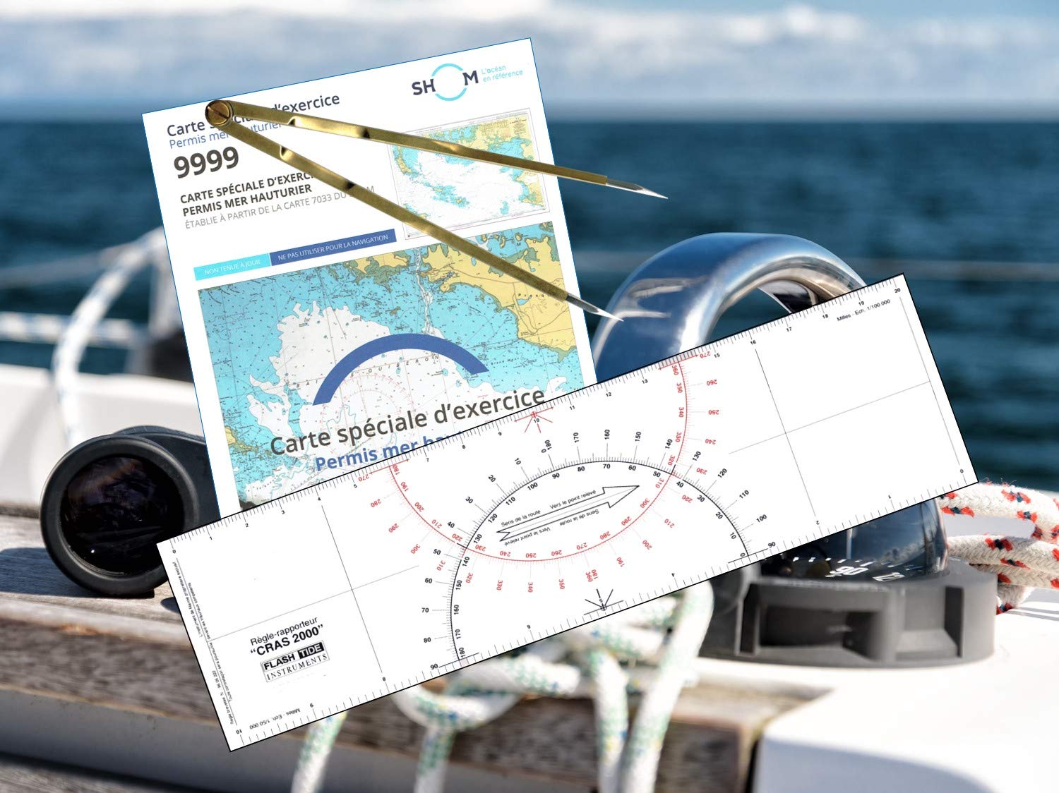 Flash-Tide - Pack Permis Hauturier (Carte + règle cras + Compas)
