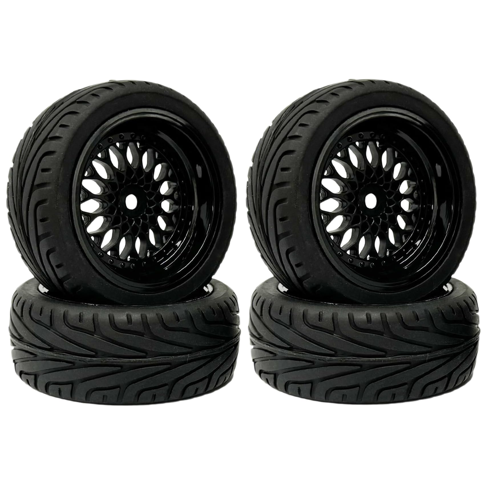RC Car Tyres and Wheels Set, KINGCOO 4 Pieces 65 mm Rubber Tyres Plastic Coating Wheel Rims 12 mm Hex for 1/10 RC On-Road Run-Flating Touring Racing Car (Black)