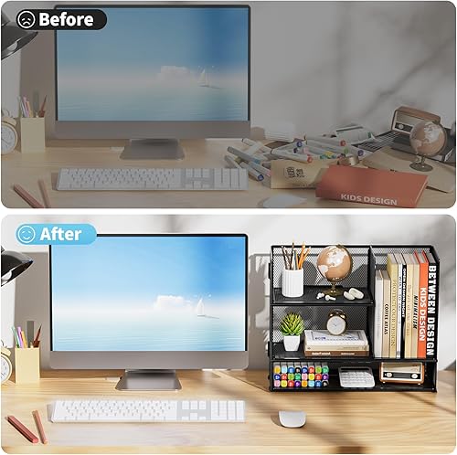 Miniatura 5 de Marbrasse Organizador de Estante de Escritorio de 3 Niveles con Asa, Soporte de Libros de Escritorio para Archivos, Organizador de Estante de