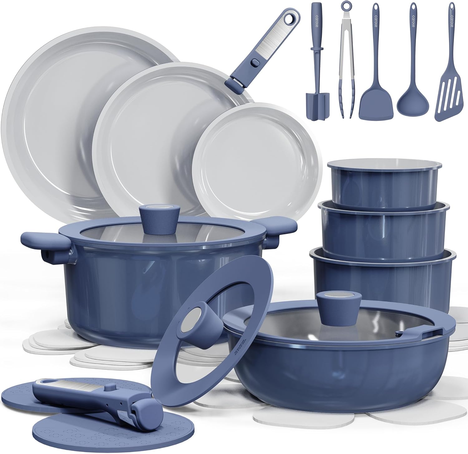 CAROTE 27pcs Ceramic Cookware Set Nonstick, Pots and Pans Set Non stick, Non Toxic Cookware, Dishwasher/Oven Safe, RV/Camping Cookware Set, Pan and Pot with Kitchen Utensils, Navy Blue 27 Piece Navy