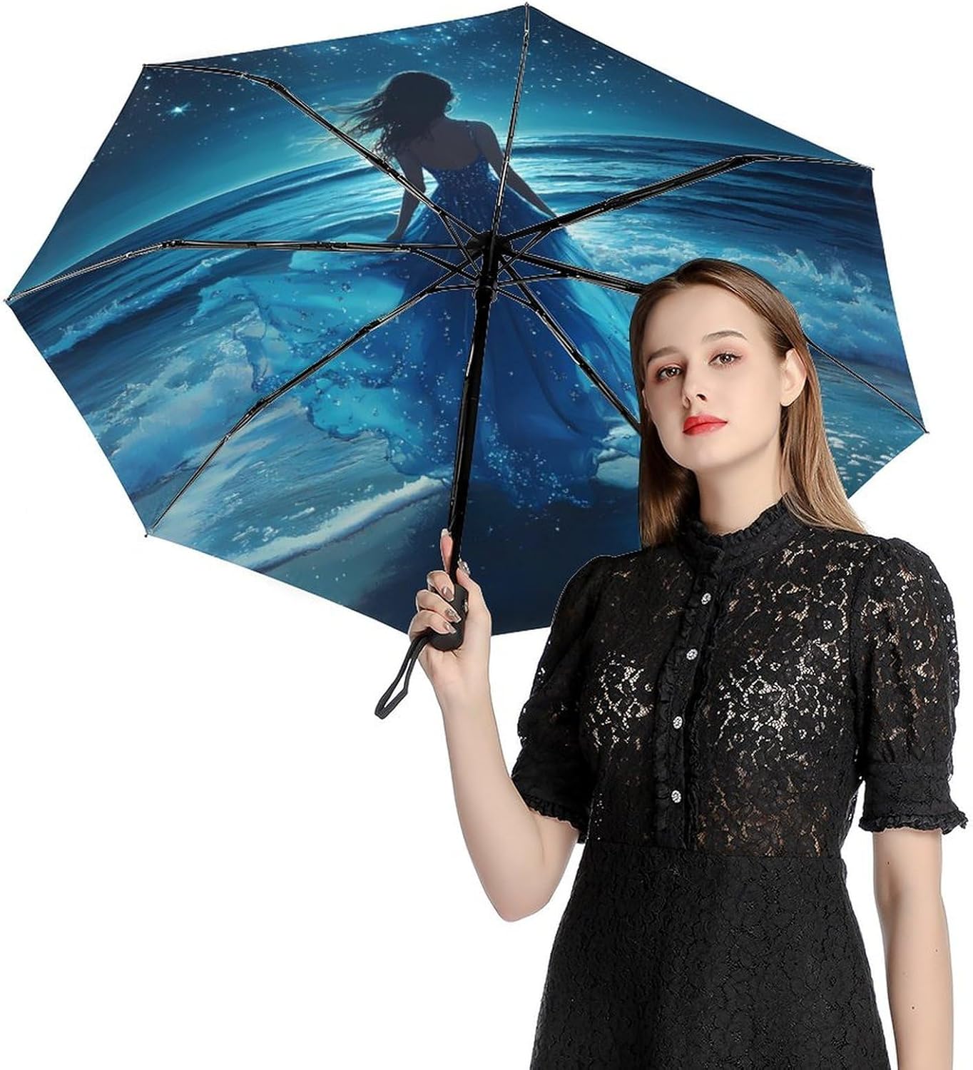 Beautiful Back Windproof Travel Umbrella Compact Portable Automatic Umbrella for Sun Rain