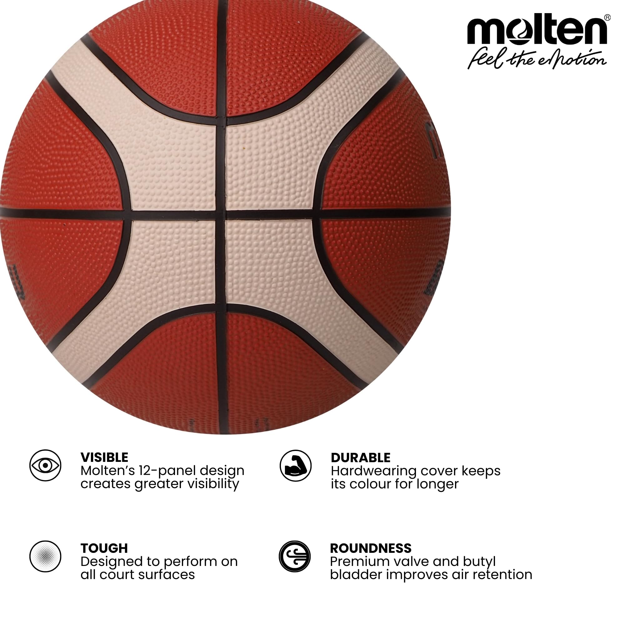 Ballon De Basket Molten BG1600 Caoutchouc - Taille 7/6/5, Usage Intérieur Et Extérieur, Orange/ivoire