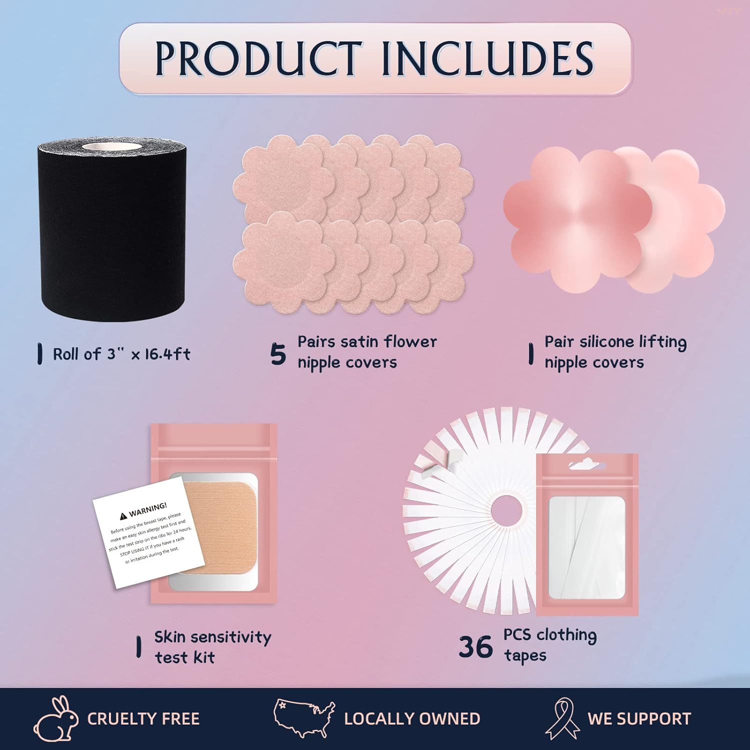 Breast Tape, Replace Your Bra-Instant Boob Tape, Suitable for A-G, Bob Tape for Breast Lift w 1 Breast Lift Tape, 5 Pairs Satin Breast Petals, 1 Pair Silicone Nipple Stickers, 36 PCS Double Sided Tape : Clothing, Shoes & Jewelry