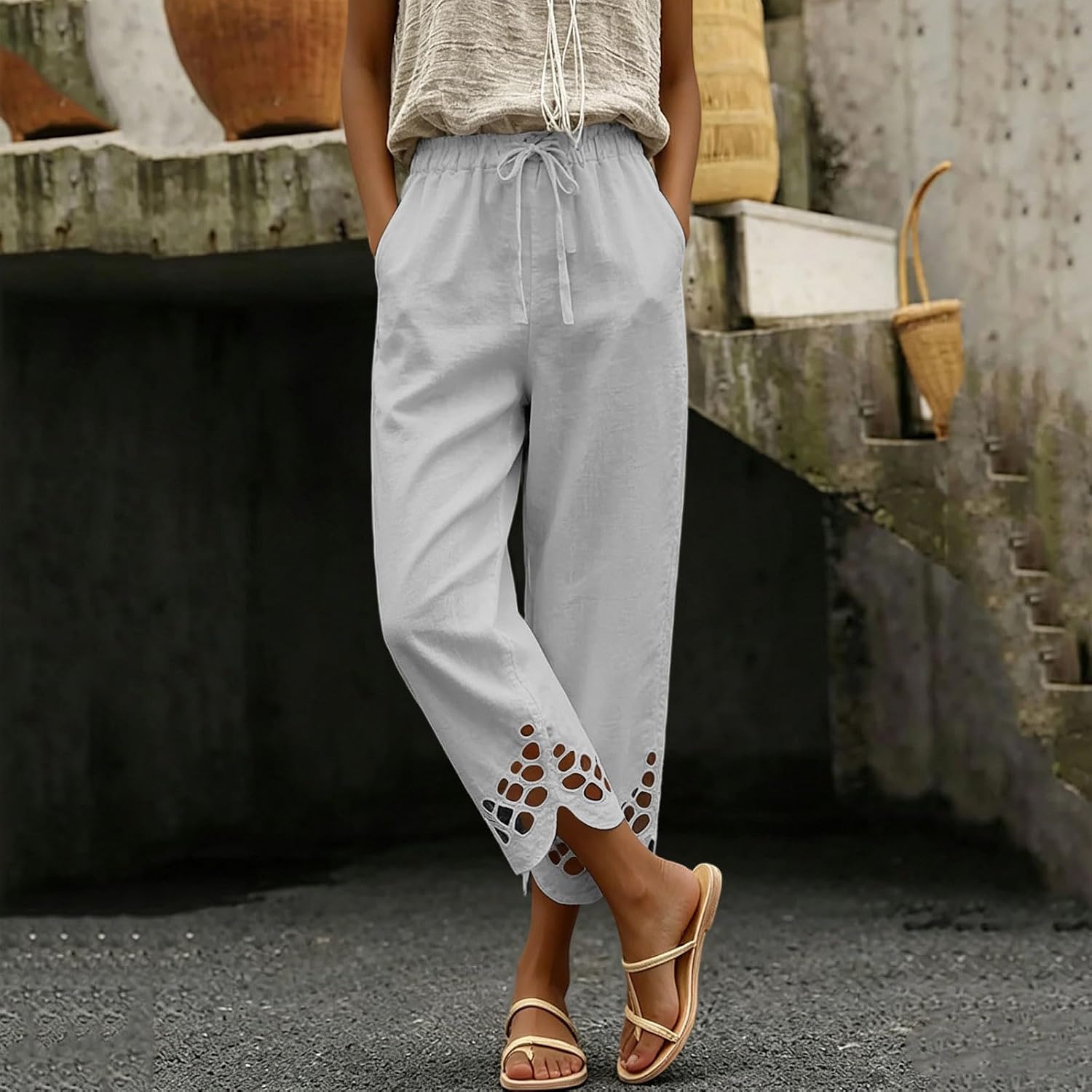 Women's Linen Cropped Pants, Elastic Waist Drawstring Casual Trousers with Hollow Out Hem, Summer Loose Pants