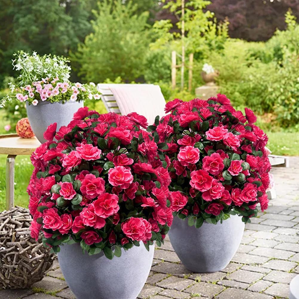 Set of 2 Artificial Boxwood Topiary Ball Trees with Flowers,22.8" Outdoor UV Resistant Faux Greenery Shrubs with Ground Spike,Fake Bushes Plants for Front Porch,Garden,Yard,Patio Decor (Rose Red)