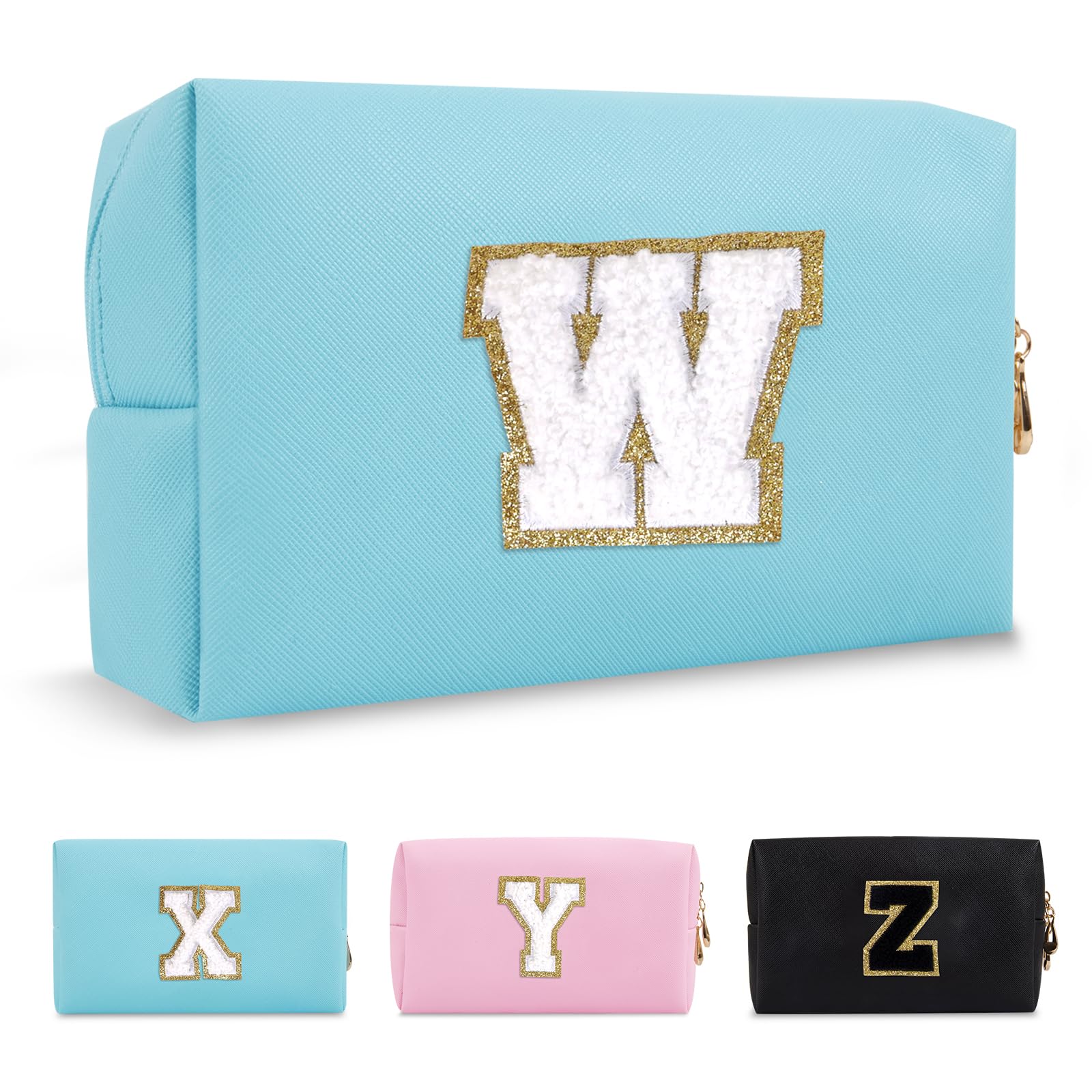 Small Personalized Initial A-Z Preppy Patch Makeup Bag PU Chenille Letter Travel Cosmetic Pouch with Zipper Blue Cute
