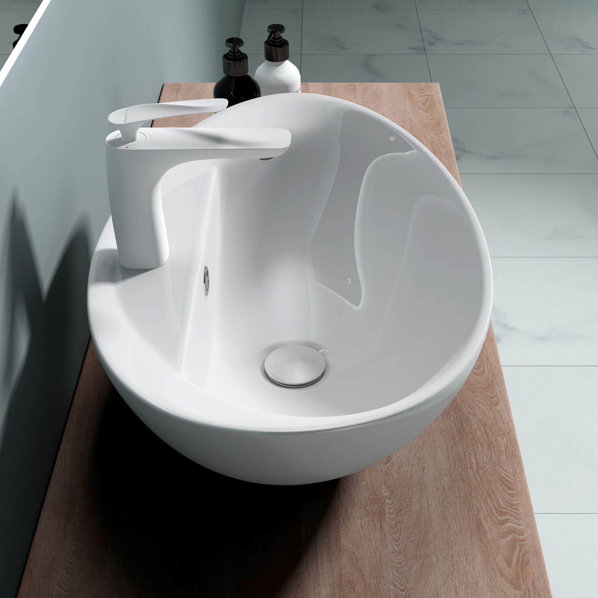 doporro Lavabo da Appoggio in Ceramica Bianco Lucido, Lavandino Bagno Moderno con Foro Rubinetto e Rivestimento Nano 59x39x21 cm Brüssel302