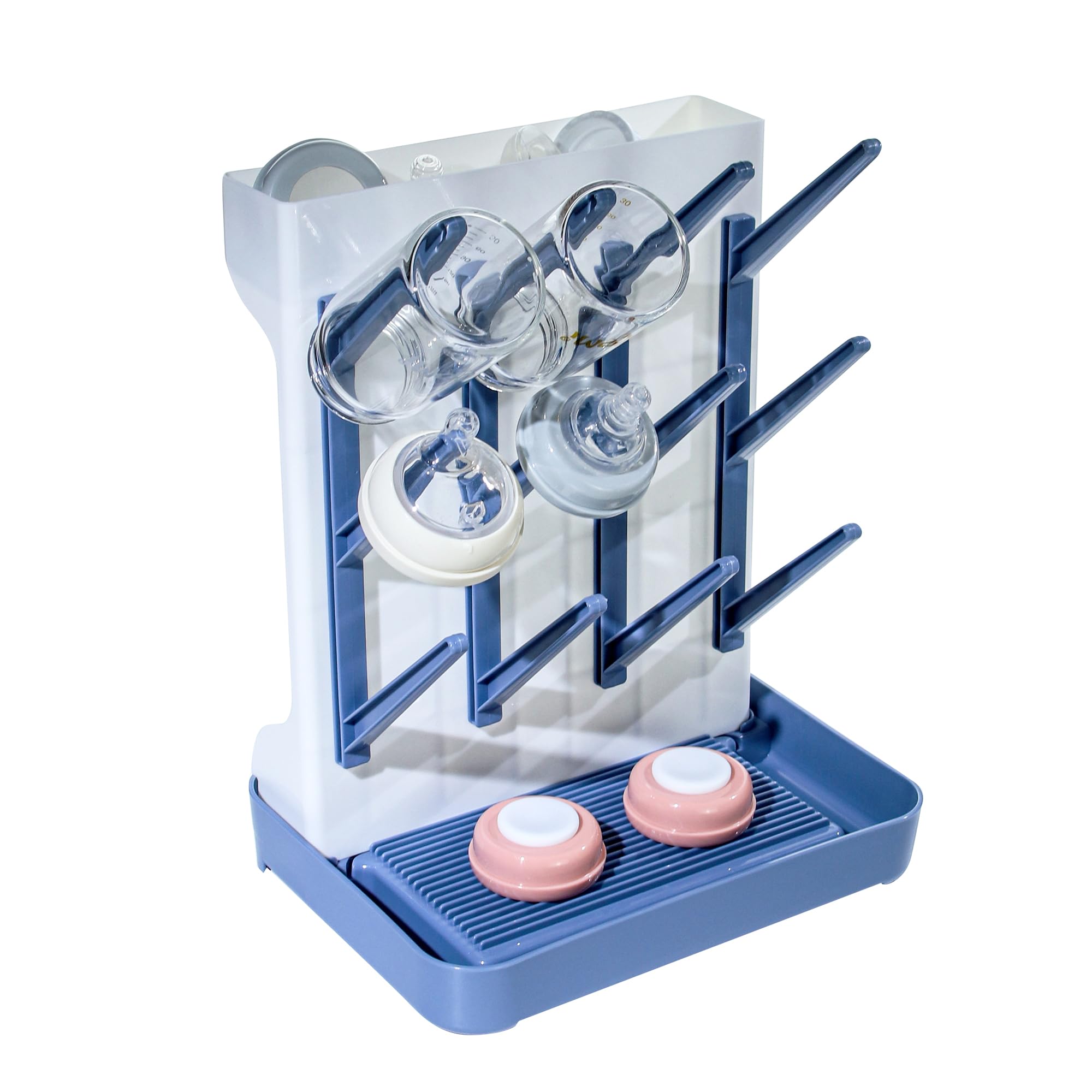 Baby Bottle Drying Rack, Vertical Design Holds Up to 12 Bottles, with Removable Drip Tray, Space Saving for Countertop, Safe BPA-Free Food-Grade Material for Baby Bottles, Nipples, Pump (Blue)