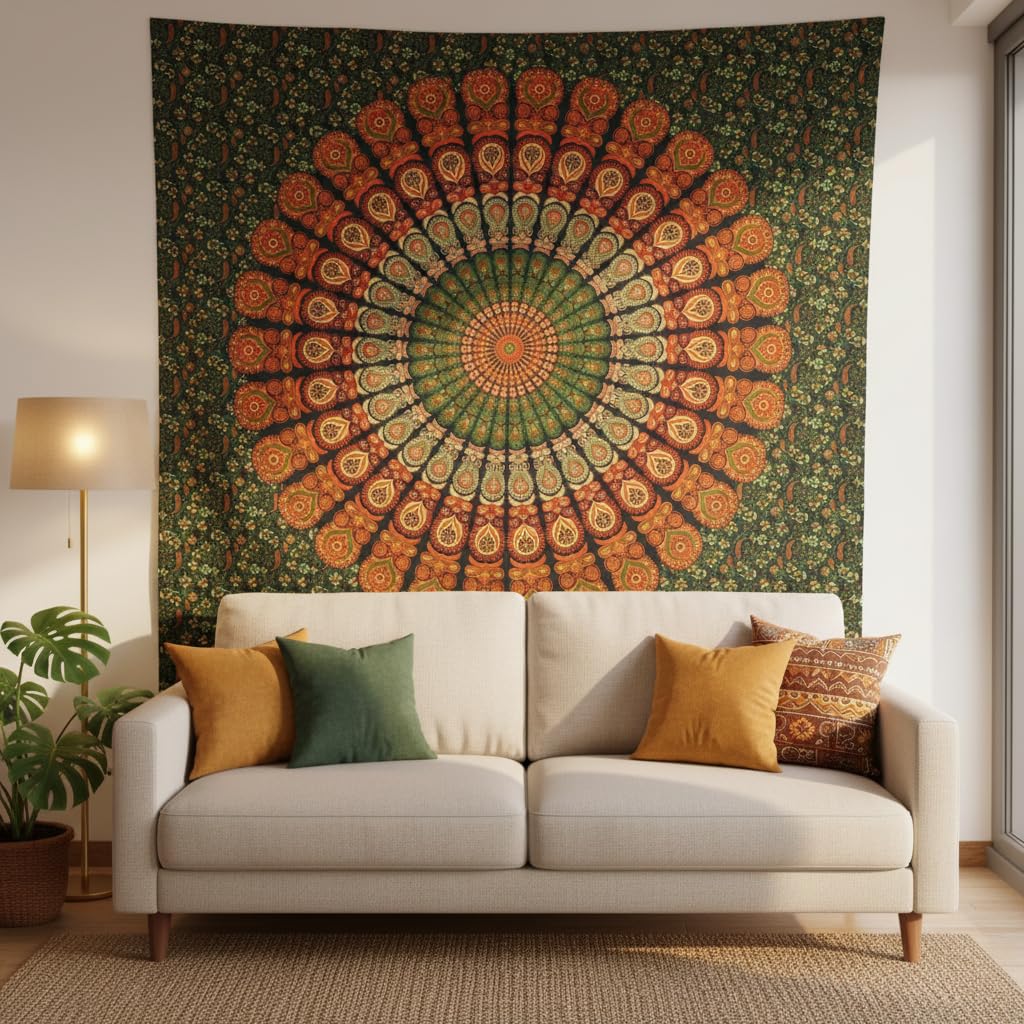 Peacock Mandala Tapestry - Navy Blue Cotton Wall Hanging -28