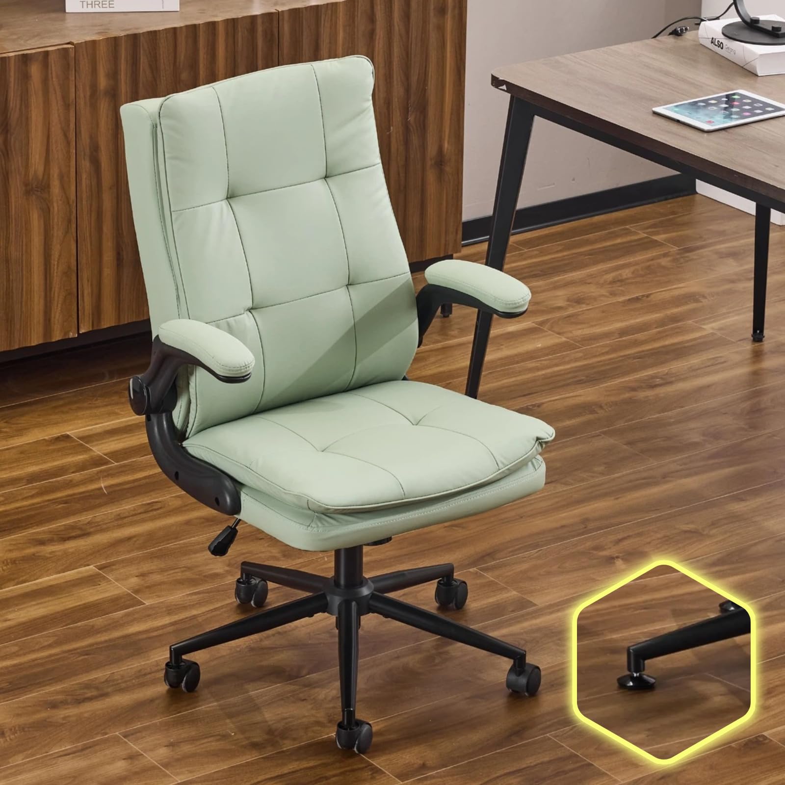 Bonnlo Comfy Leather Office Desk Chair,Ergonomic High-Back Executive Computer Gaming Chair with Replaceable Wheels, Adjustable Height & Flip-up Armrests,360 Swivel Task Chair for Home Office, Green